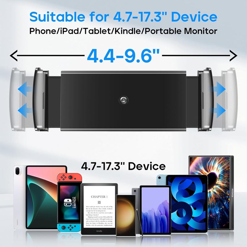ROADOM Tablet Stand, Adjustable 360° Swivel Bracket, 180° Tiltable Clamp,Foldable Tablet Holder for 4.7-17.3'' iPhone/iPad/Tablet/Portable Monitor, Aluminum Alloy, Black - Image 3